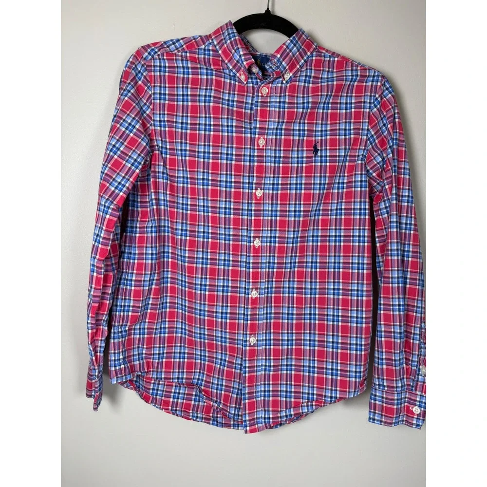 Ralph Lauren Kids Boys Red Blue Plaid Cotton Button Down Shirt Large 14-16 Pony